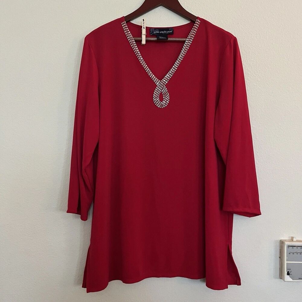 Susan Graver Red Liquid Knit Embellished Slinky Blouse V Neck 3/4 Sleeve SZ XL